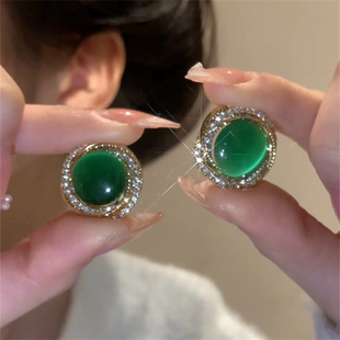绿色猫眼石耳环女时尚高级感银针耳钉轻奢气质春夏显白爆款耳饰潮