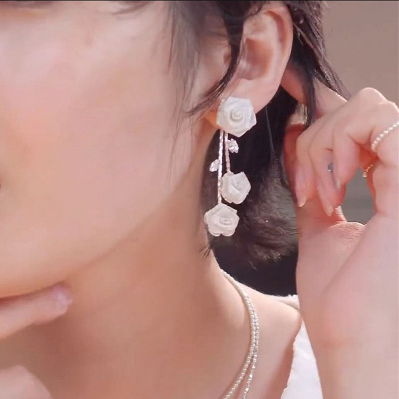 925银针玫瑰花流苏锆钻耳钉