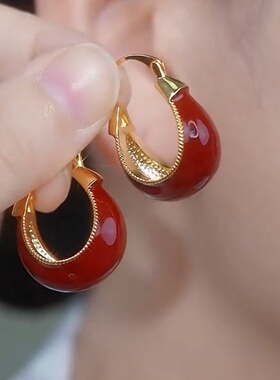 安可拉红色滴釉提篮耳环港风复古高级感耳扣2025新款爆款秋冬耳饰