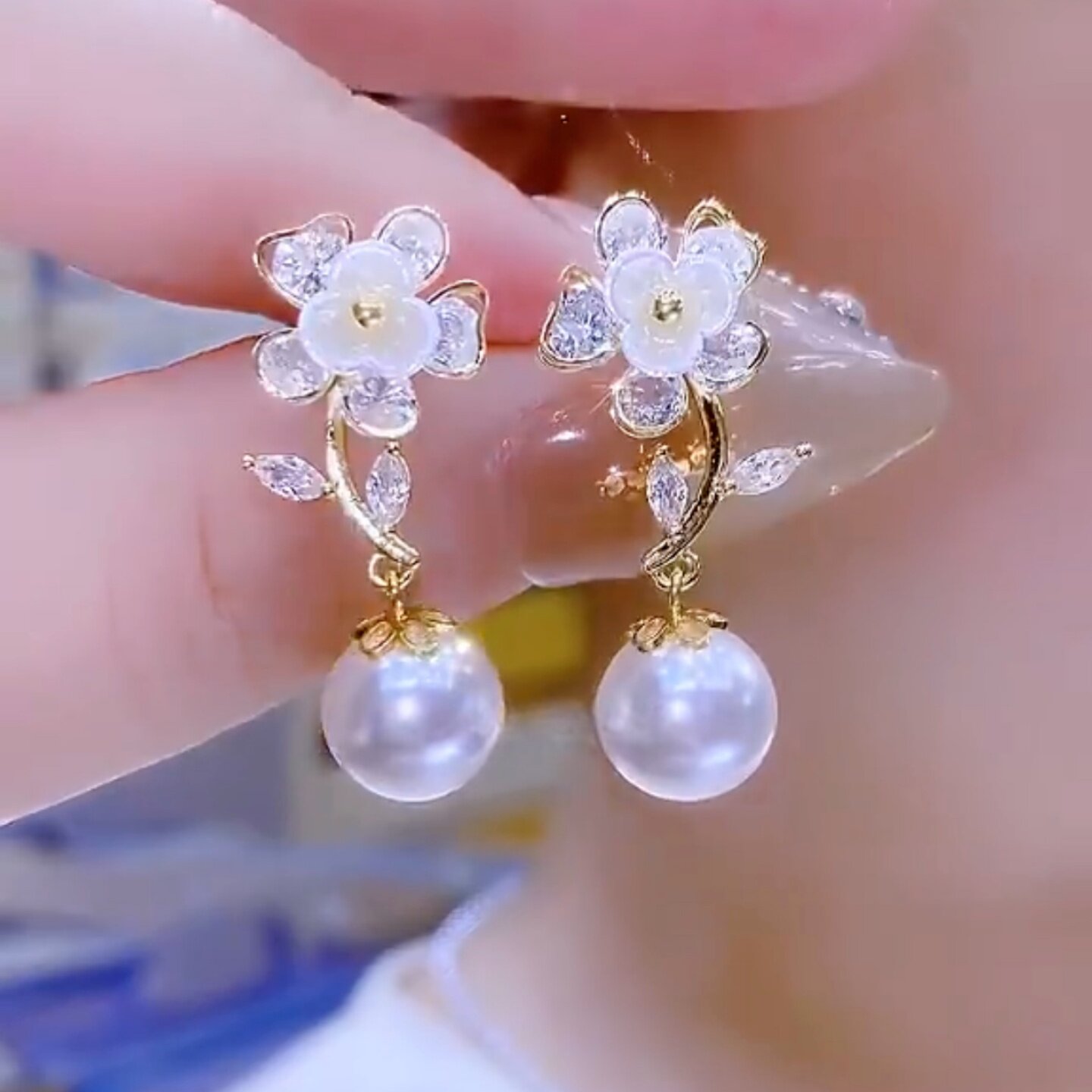 超仙白色贝壳花珍珠流苏耳环女