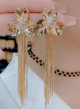 925银针立体金属花朵流苏耳环女