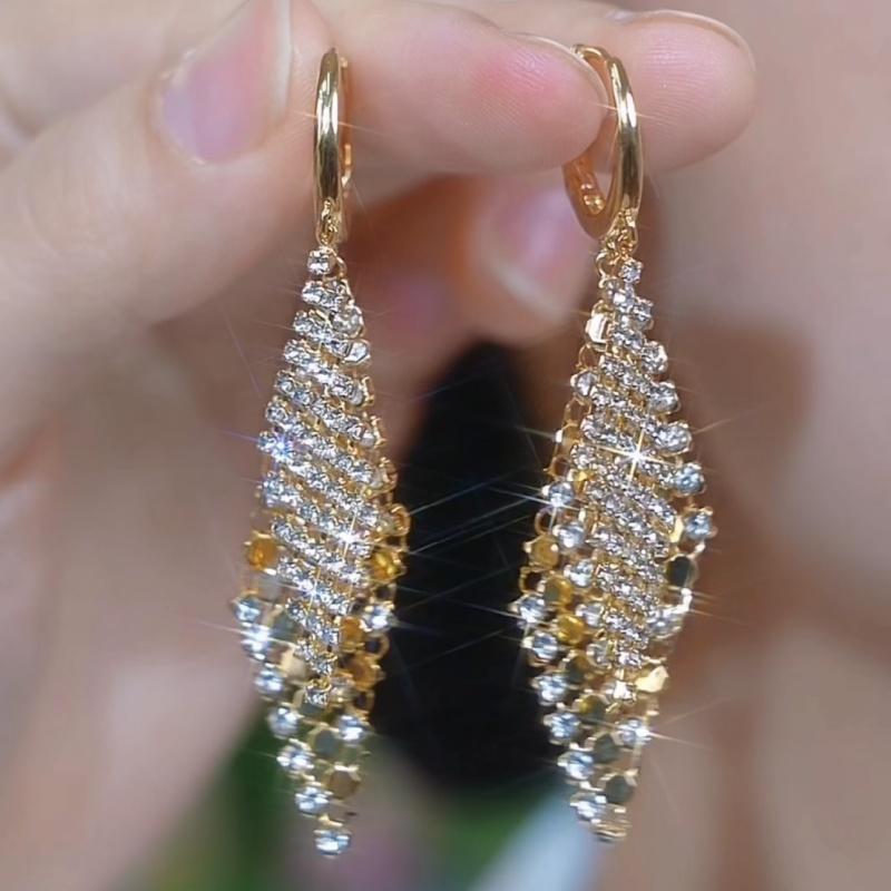 满钻双菱形几何流苏耳环女