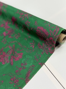 绿色粉色古典花朵提花透孔桑蚕丝真丝花罗面料旗袍汉服布料