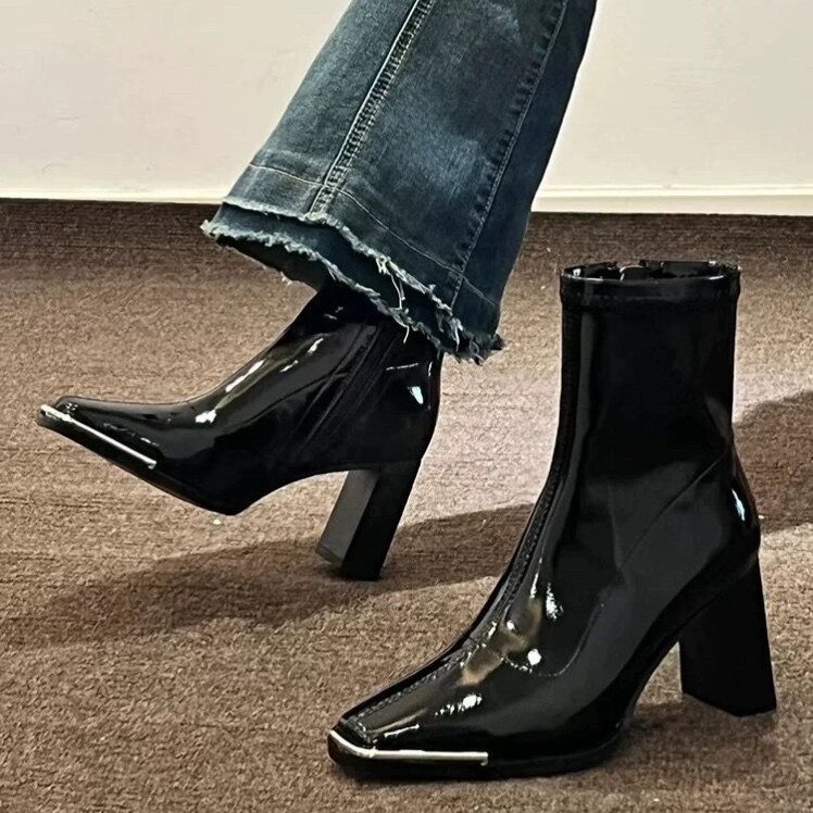 肯豆同款短靴女2024年秋冬新款方头漆皮高跟鞋粗跟显瘦短筒瘦瘦靴