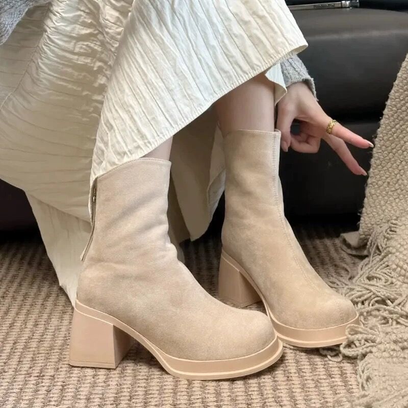 裸色高跟靴短靴女2025秋冬新款可拆卸两穿长筒靴厚底小个子瘦瘦靴