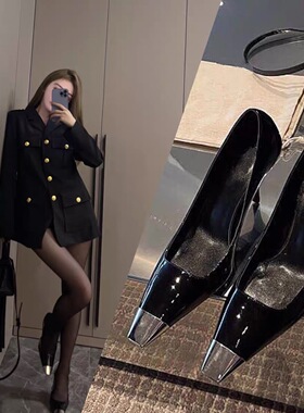 朴彩英rose同款黑色漆皮高跟鞋2022年春秋新款金属方头细跟单鞋女