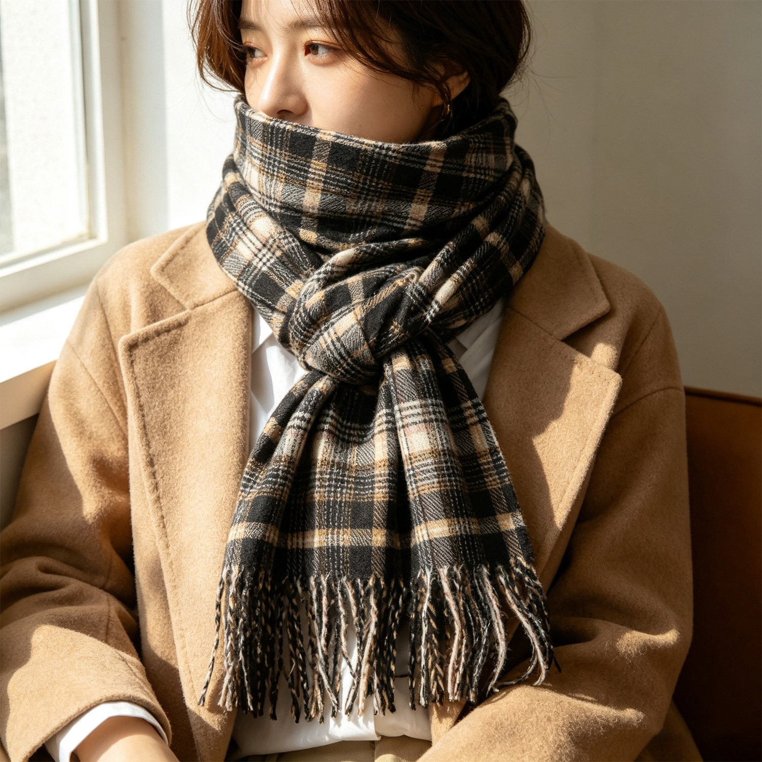 格子围巾女冬季英伦复古围脖女士OL通勤百搭秋冬保暖长款两用披肩