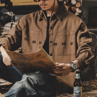 双口袋胖子宽松加肥加大码 纯棉美式 衬衫 长袖 潮流衬衣外套 复古男装