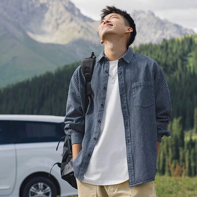 男女条纹牛仔长袖衬衫大码宽松