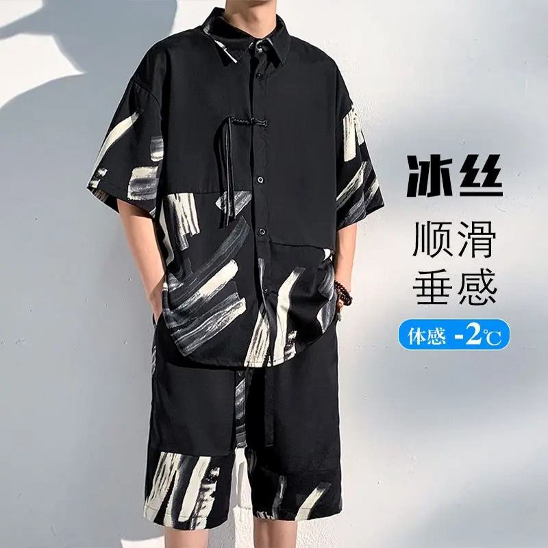 冰丝短袖宽松大码男款中国风套装