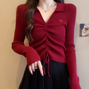 红色v领针织毛衣女秋冬大码胖mm显瘦修身本命年短款打底内搭上衣