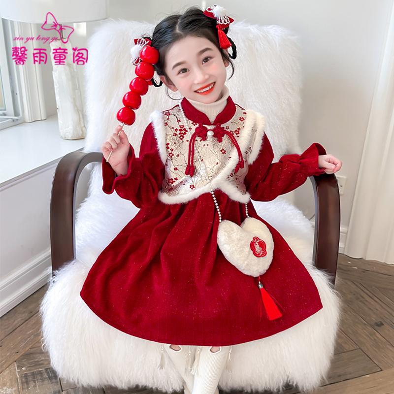 新中式女童汉服连衣裙加绒拜年服