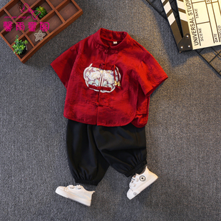 男童新中式汉服短袖套装宝宝国风周岁礼服薄款幼儿园中秋节表演服