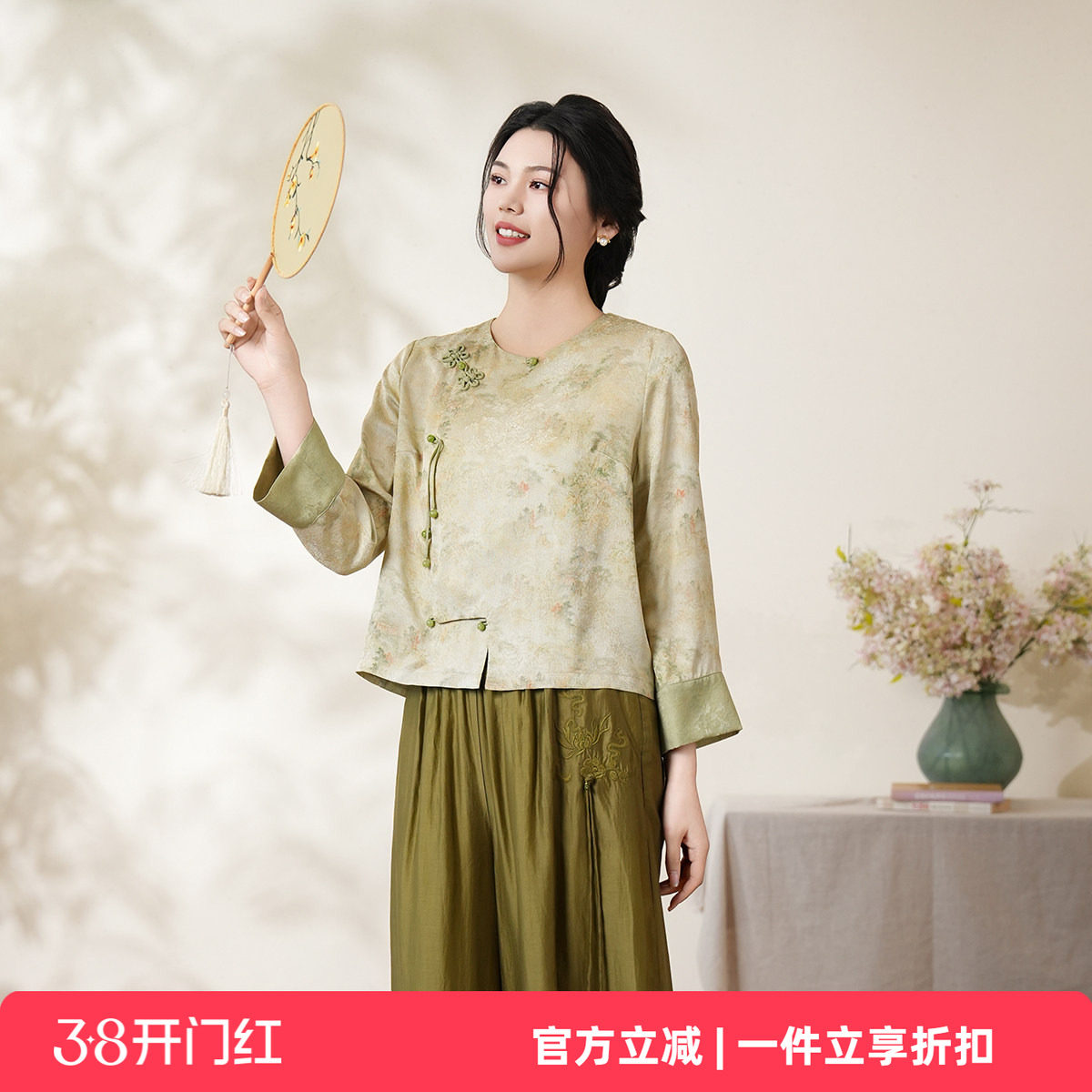 布符2025年夏季新款花罗拼色圆领上衣手工盘扣宽松长袖旗袍上衣