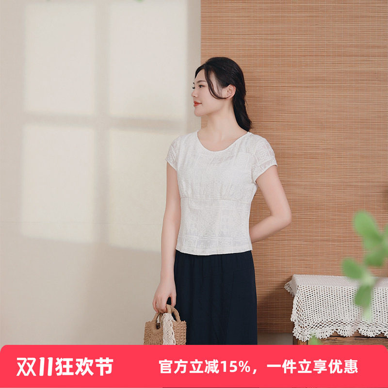 布符原创夏季新款刺绣休闲时尚中式圆领T恤短袖丝棉上衣女