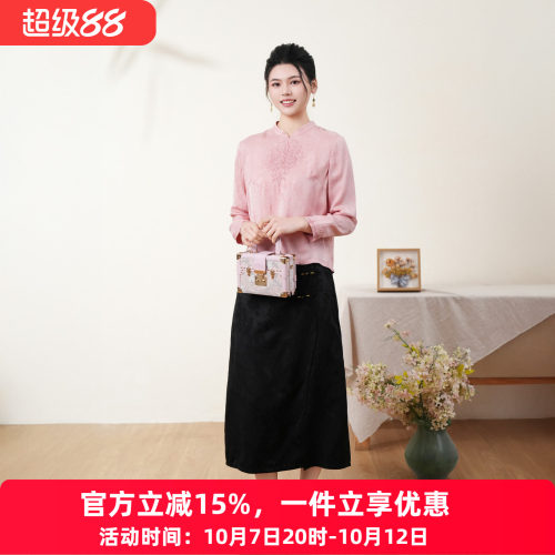 布符新中式金线蝴蝶刺绣旗袍上衣