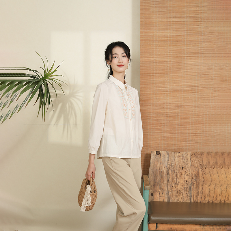 布符2024年长袖刺绣纯棉衬衫