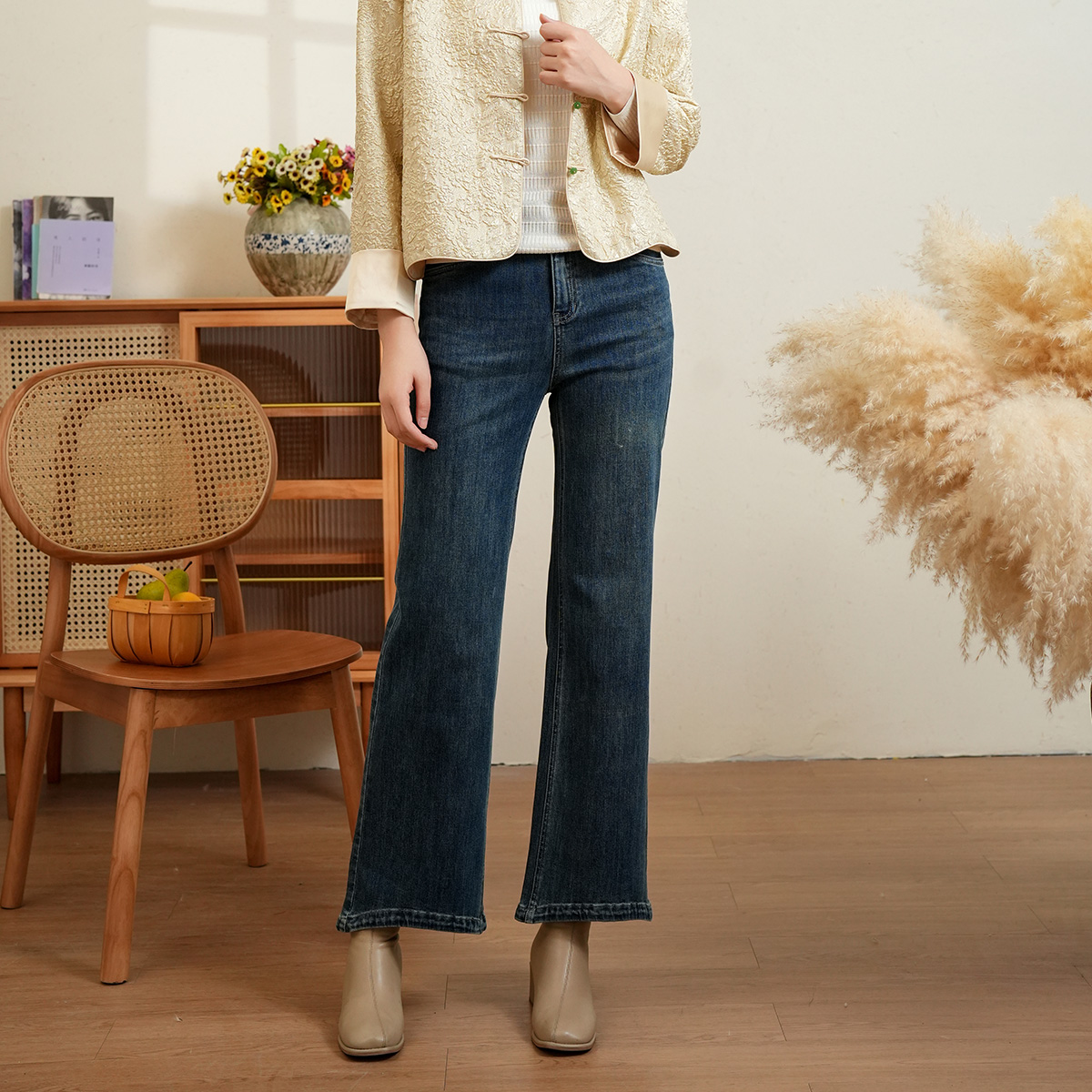 筒喇裤牛仔裤蓝色布符原创