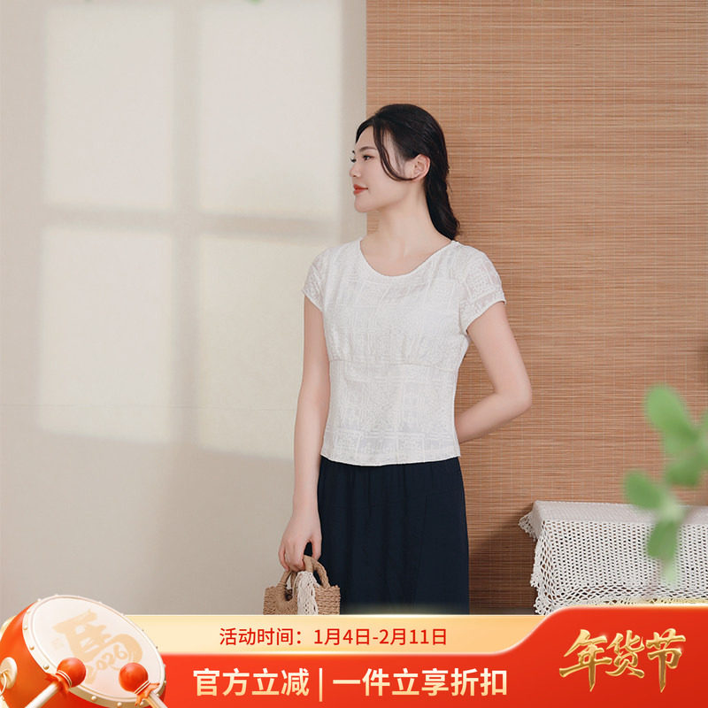 布符原创夏季新款刺绣休闲时尚中式圆领T恤短袖丝棉上衣女