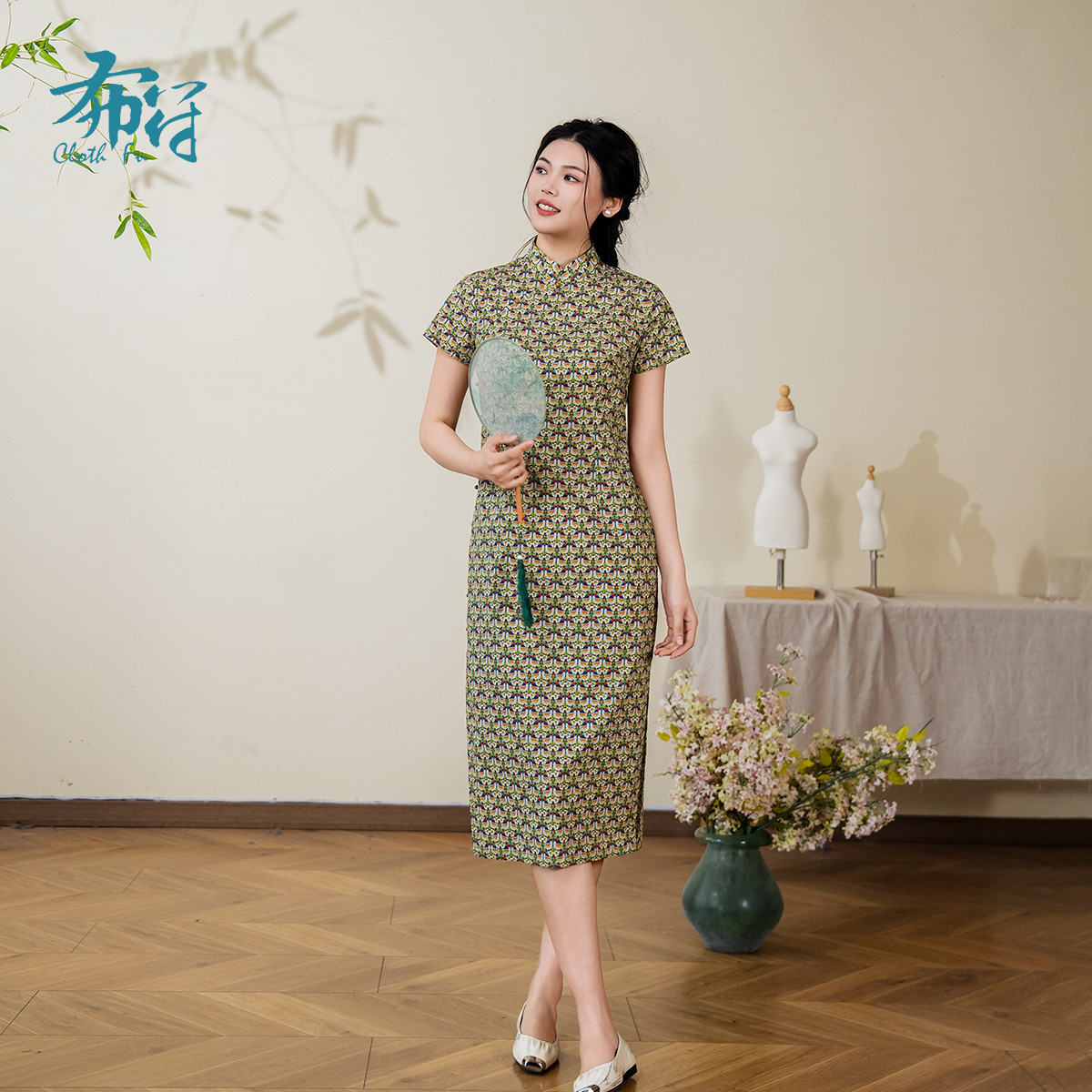 布符年夏季新品小花竖条纹棉质旗袍立领木扣优雅舒适百搭女装