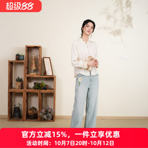 布符新中式法绣弹力冠乐绉衬衫