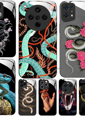 玻璃手机壳适用OPPO FINDX9 X8 PRO X7X6X5X3RENO15 14 13RPO12 11K12K11K10  蛇艺术图案