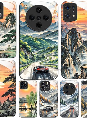 玻璃手机壳适用OPPO FINDX9 X8 PRO X7X6X5X3RENO15 14 13RPO12 11K12K11K10  国风水墨汽车风景