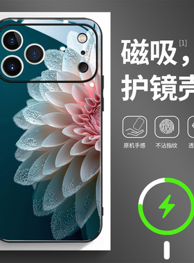 护镜磁吸玻璃手机壳适用苹果16iPhone17 14Pro15Max13Pro12 11 花朵白色