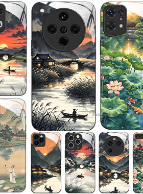 玻璃手机壳适用OPPO FINDX9 X8 PRO X7X6X5X3RENO15 14 13RPO12 11K12K11K10  国风山水画荷花