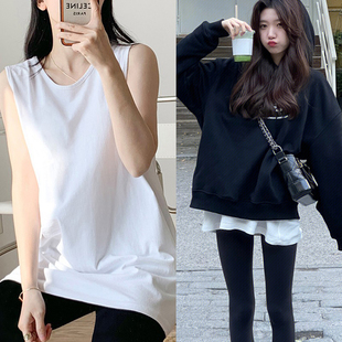 卫衣打底破洞背心女内搭中长款纯棉白色无袖吊带上衣叠穿屁帘下摆