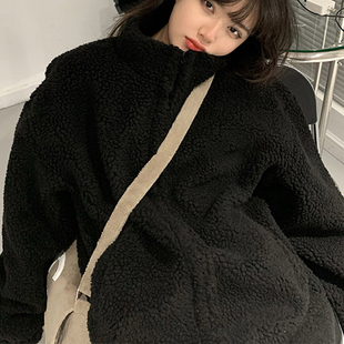 黑色羊羔毛绒外套女2024新款爆款秋冬季高级感棉衣女加厚休闲百搭