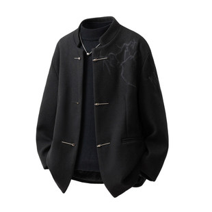 高级感痞帅炸街短款 国风刺绣毛呢外套男秋冬款 呢子大衣 西装 新中式