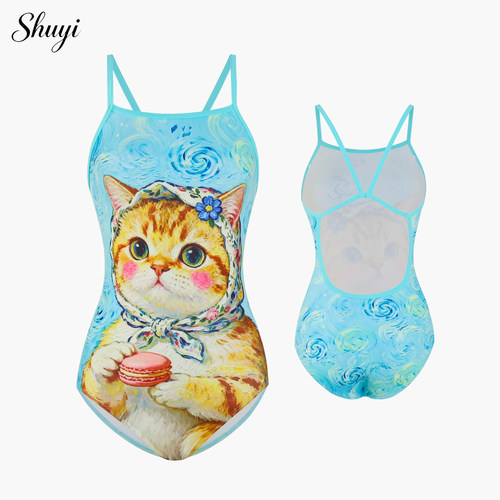 女士猫咪印花竞速无胸垫连体泳衣