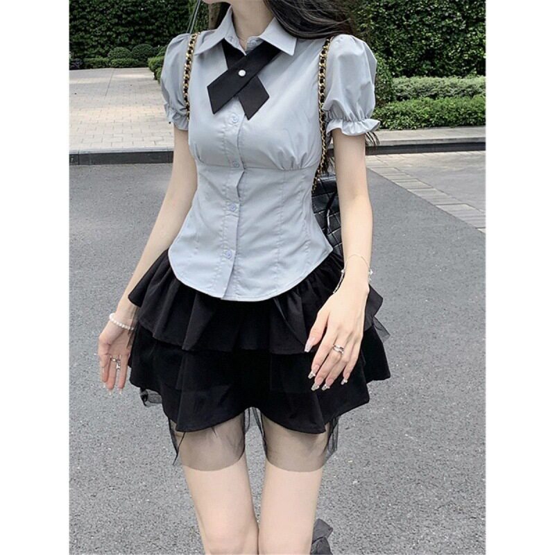 乖乖女高 韩版制服泡泡袖衬衫显瘦绑带蓬蓬短裙子女春夏半身裙