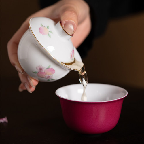 胭脂紫粉彩桃礼盒旅行茶具套装