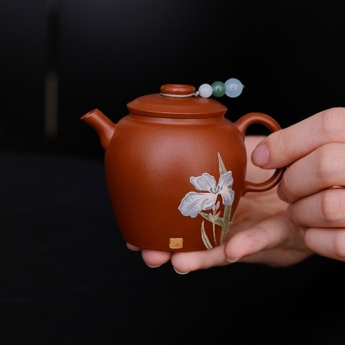 泥绘鸢尾花玉翁全手工紫砂壶