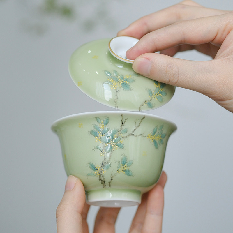小谦山房桂花盖碗景德镇中式珐琅彩手绘单个高档陶瓷茶碗茶具套装