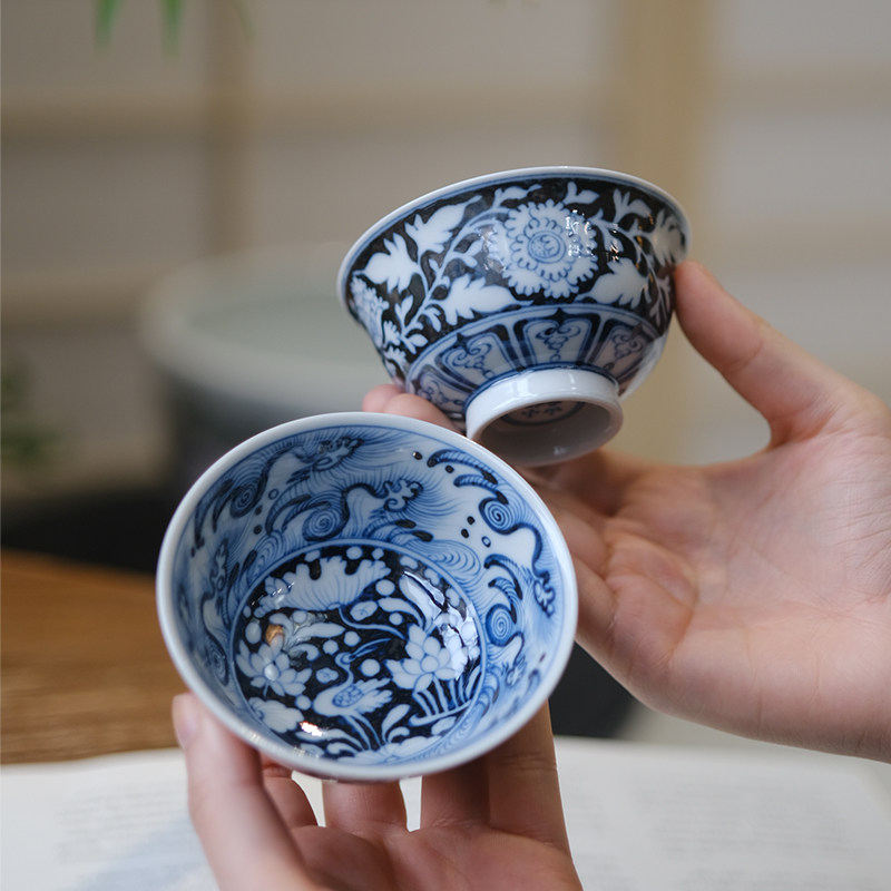 小谦山房一鹭莲升主人杯景德镇仿古元青花手工陶瓷品茗杯茶杯茶具