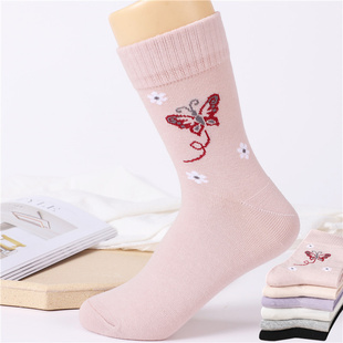 浪莎袜子女士纯棉老年秋初冬季厚款舒适透气蝴蝶提花休闲中高筒袜