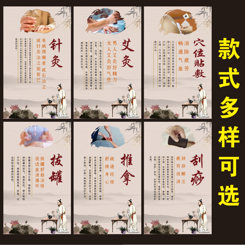 中医养生馆挂图装饰画针灸拔罐刮痧推拿宣传画养生壁画背景墙贴纸