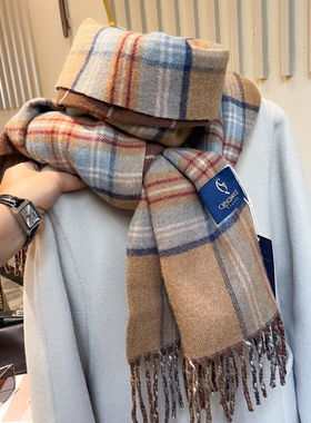 高端老钱风披肩绵羊毛围巾女冬季复古英伦风双面格子学生保暖围脖