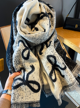 韩国蝴蝶结高级感双面渐变仿羊绒围巾女冬季加厚保暖围脖披肩两用