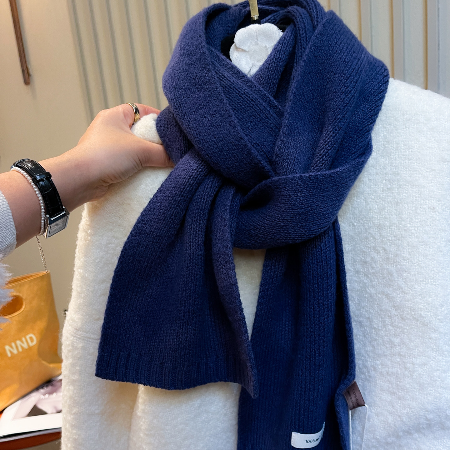 韩国高级手绘版晕染星蓝100%羊毛针织毛线围巾女冬季保暖百搭围脖