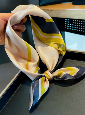 春秋季围巾装饰百搭小领巾韩版拼色蝴蝶结真丝小方巾桑蚕丝丝巾女