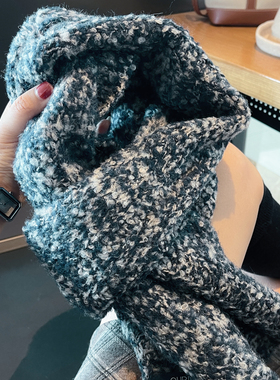 含羊毛高级蓝灰色复古花纱软糯圈圈毛针织围巾女冬季保暖围脖披肩