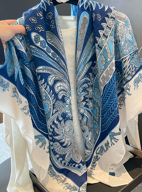 皇家蓝羽亚麻手感围巾女韩版百搭防晒大方巾25春夏空调房披肩两用