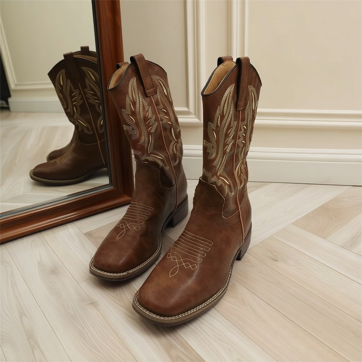 尾单瑕疵款西部牛仔靴刺绣骑士靴女款粗跟中筒复古V口 马丁靴子,流行男鞋,时装靴,淘宝优惠券,粉丝福利购,淘宝优惠卷