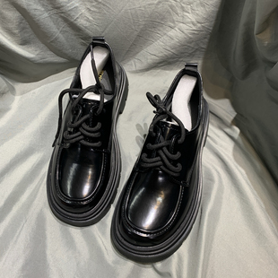 捡漏款 厚底乐福鞋女春季英伦风黑色小皮鞋女系带增高单鞋女鞋