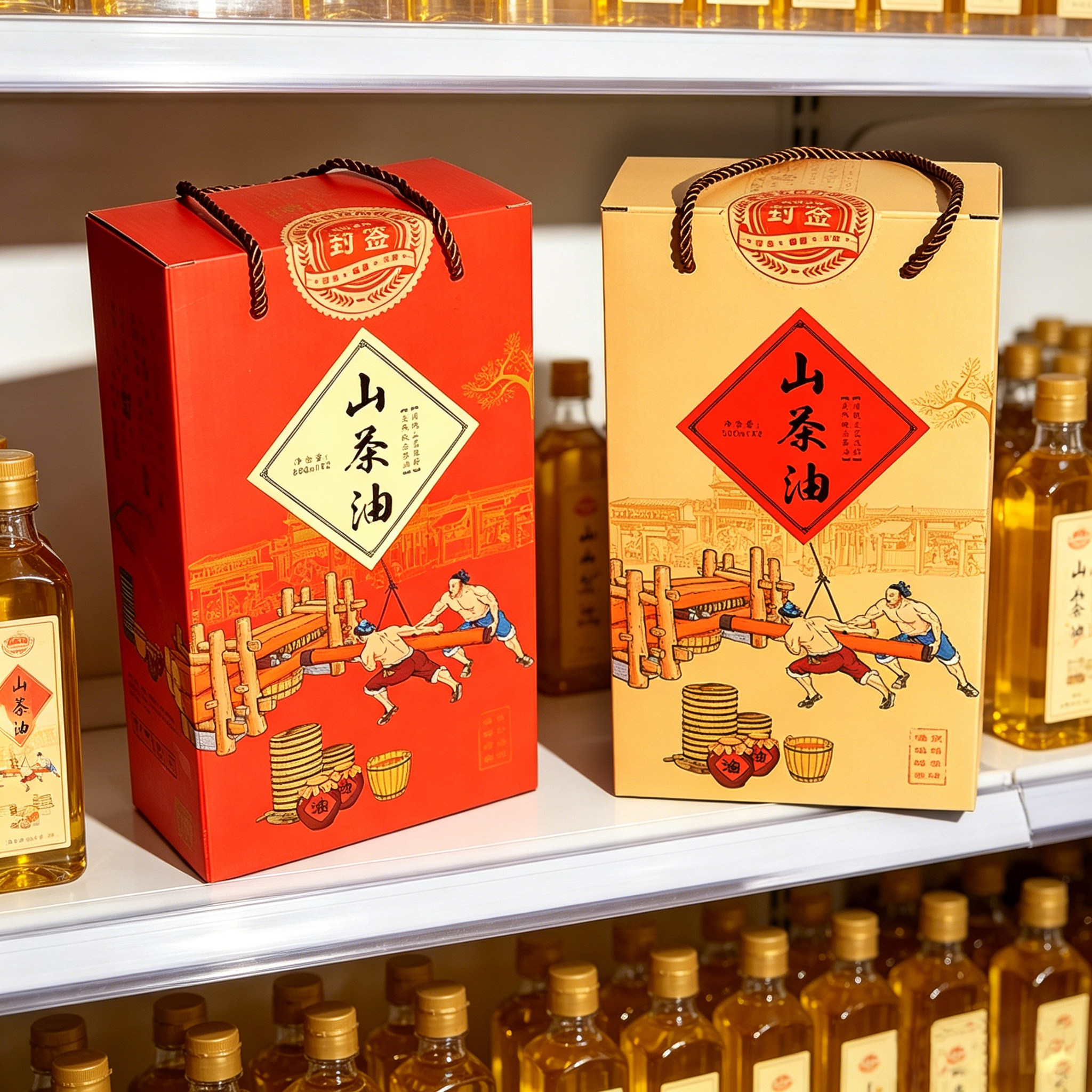 山茶油核桃小磨香芝麻油亚麻菜籽油瓶子壶包装礼品纸盒手提袋定制