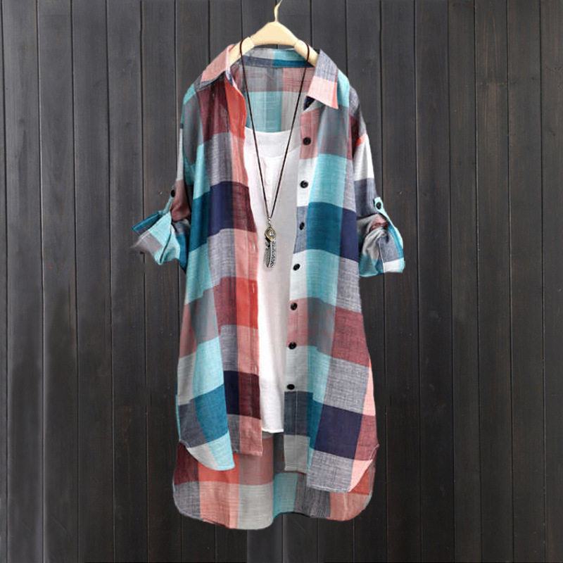 跨境出口棉麻衬衫外套女夏薄款防晒衫中长款长袖上衣宽松格子衬衣